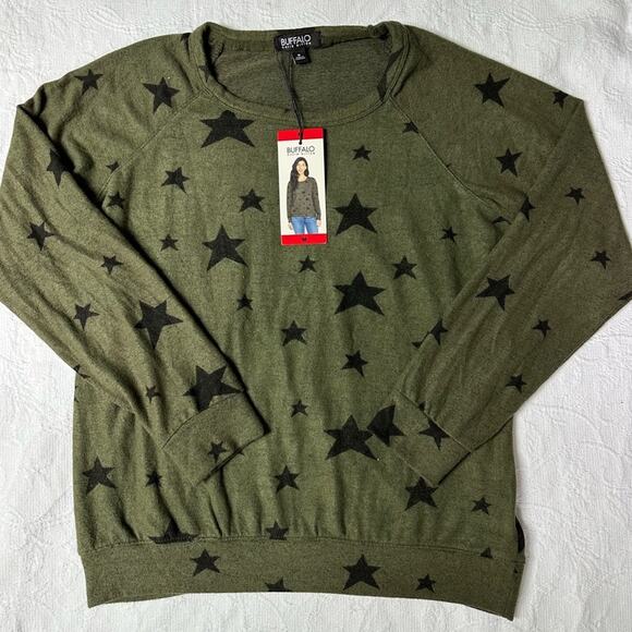 NWT Buffalo David Bitton Long Sleeve Crewneck Green Star Top Size Medium - Picture 3 of 6